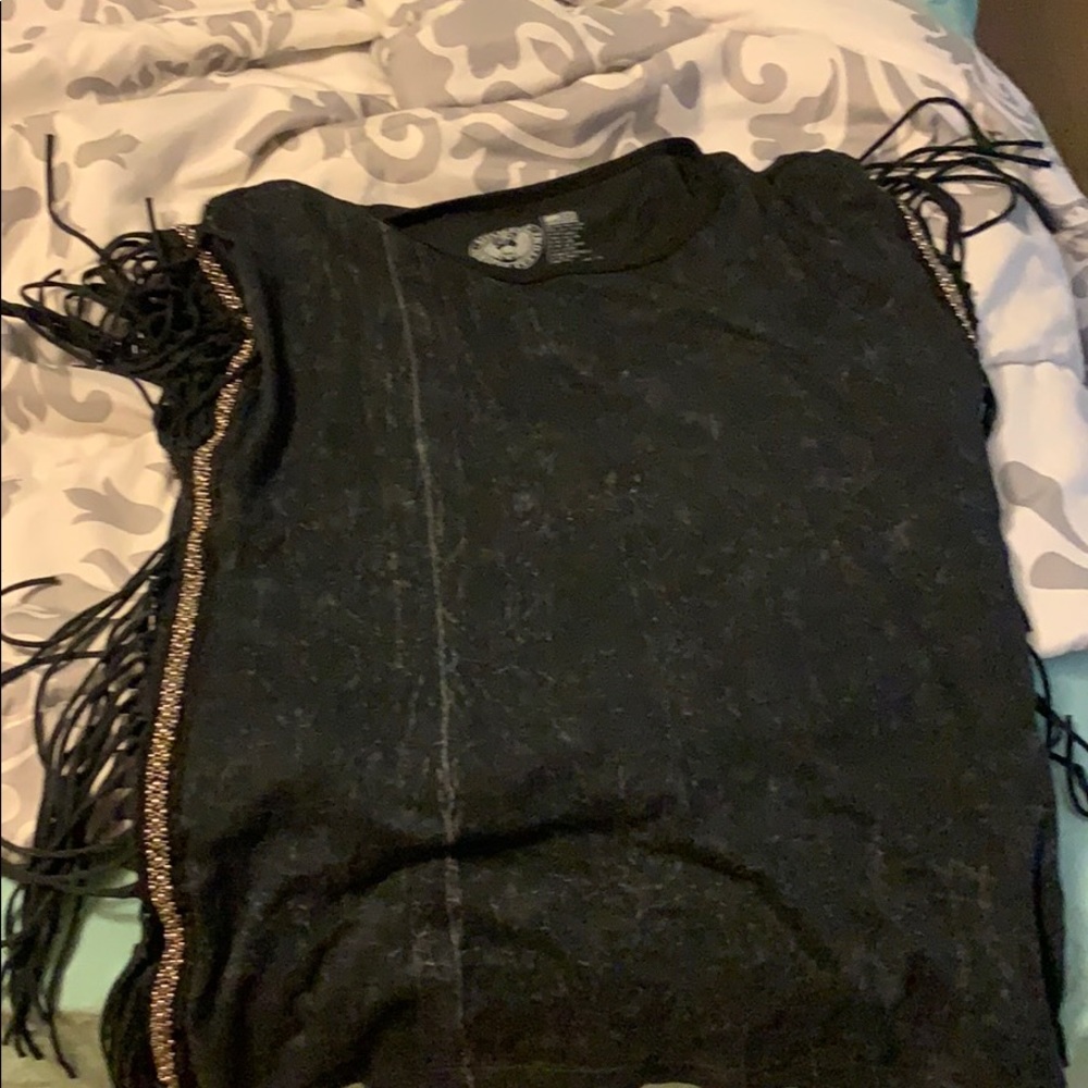 AFFLICTION FRINGE AND SPARKLE BIKER TOP